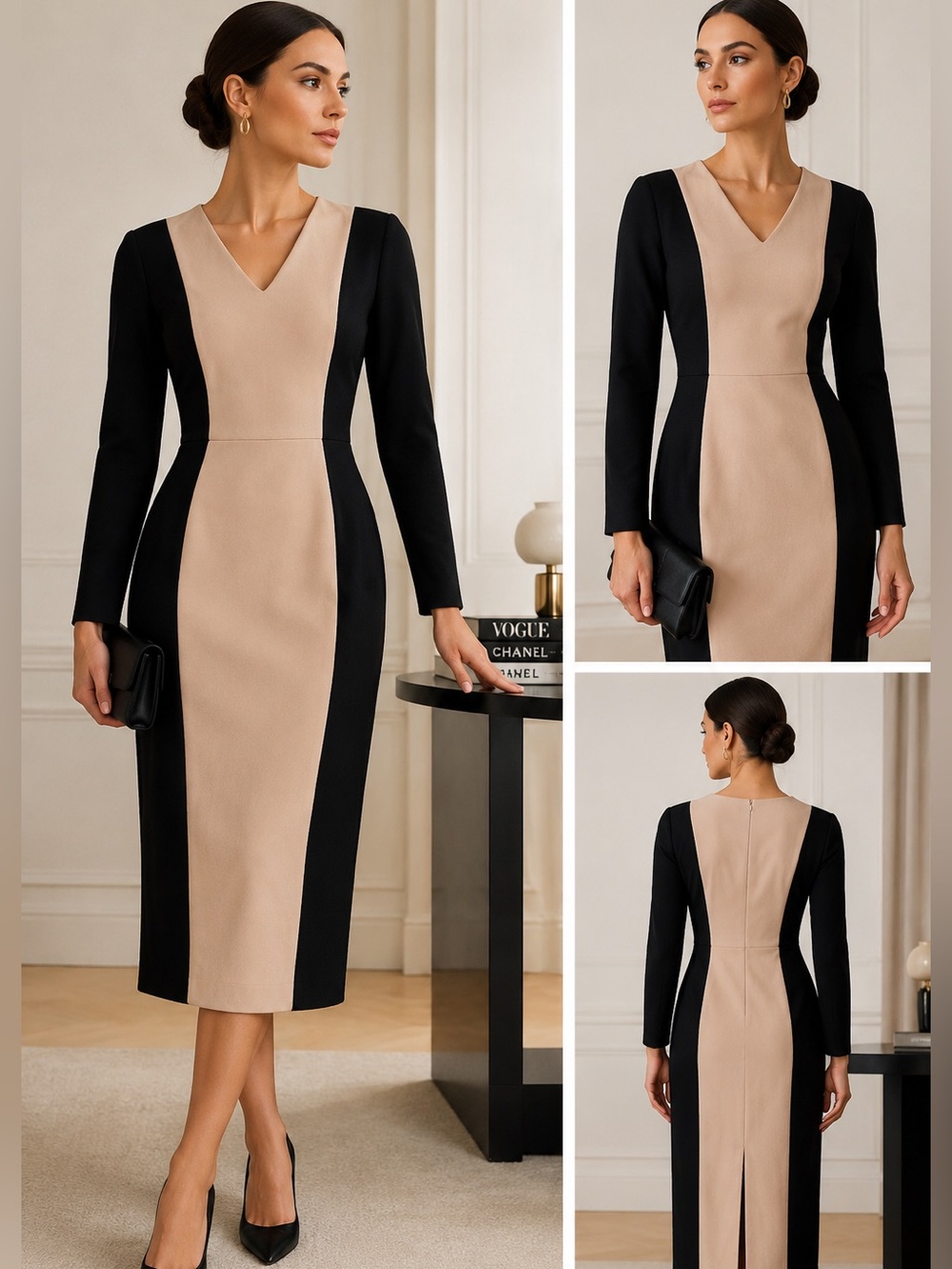 Piazza Sempione Italy Colorblock Sheath Midi Dress Black Beige IT 44 US 8